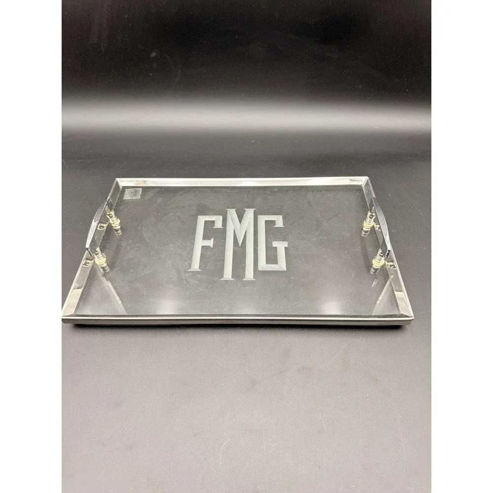 Vintage Silver FRAMED Glass Tray with SIGNS FMG 18X12